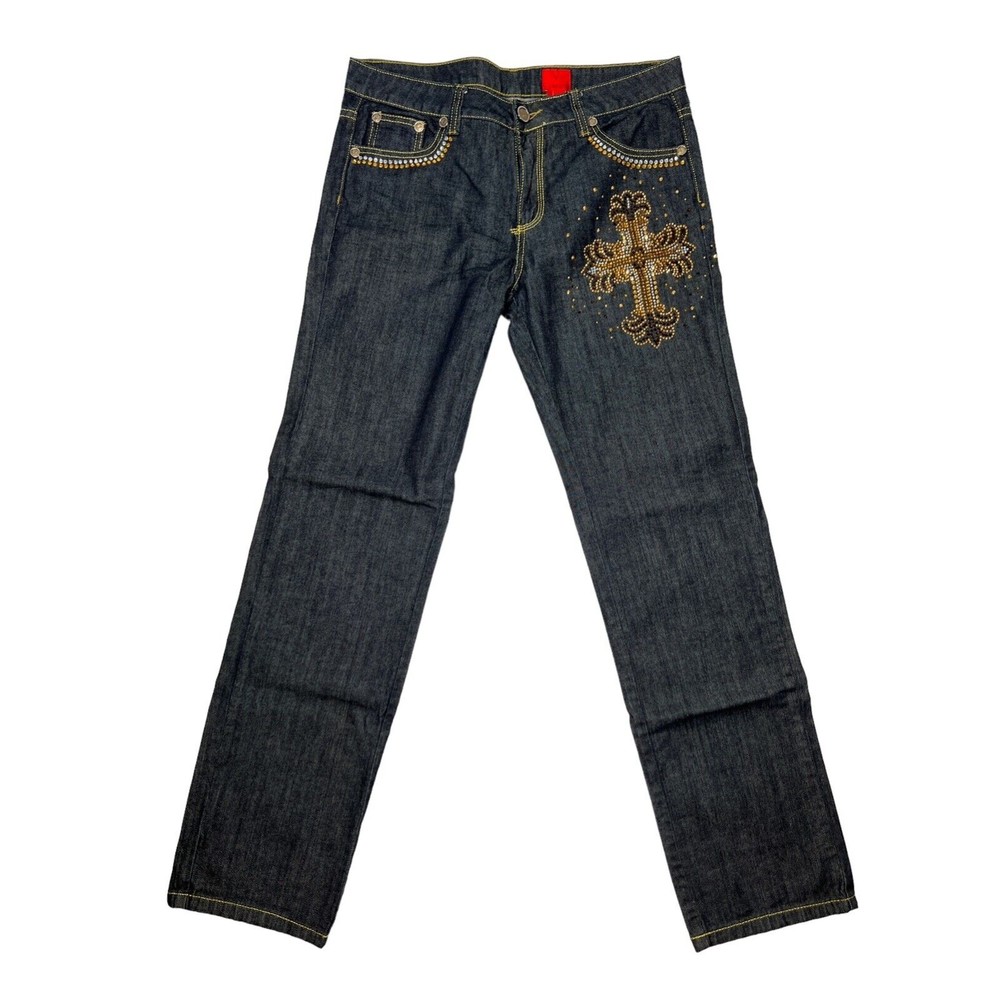 V Christina Women Sz 12 Rhinestone Embroidered Embellished Cross Dark Wash Jeans